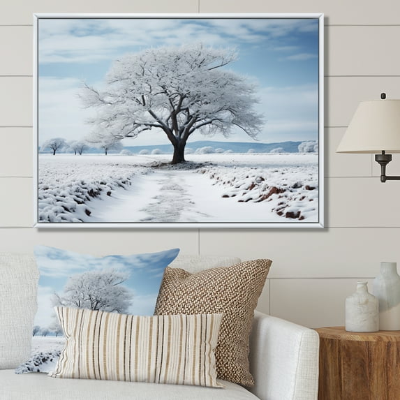 Designart "White Tree winters solitude" Landscape Trees Floater Framed Canvas Art Print