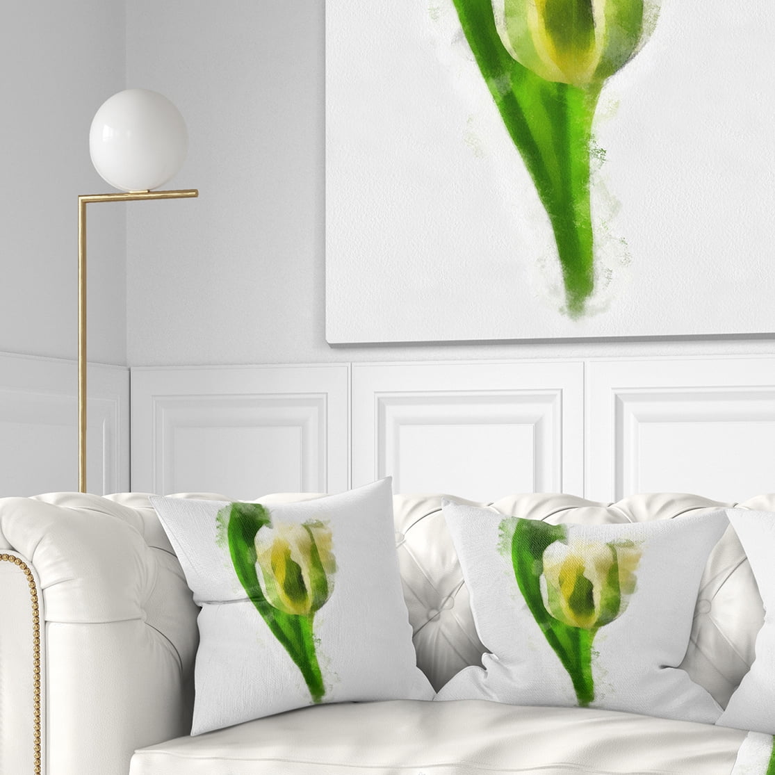 Designart White Tulip with Green Leaves - Floral Throw Pillow - 16x16