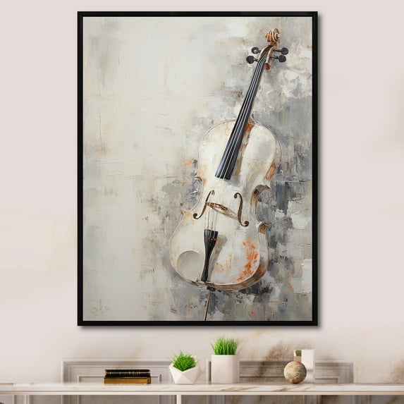 Designart "White Violin Minimalism Melodies" Music Floater Framed Wall Art Prints