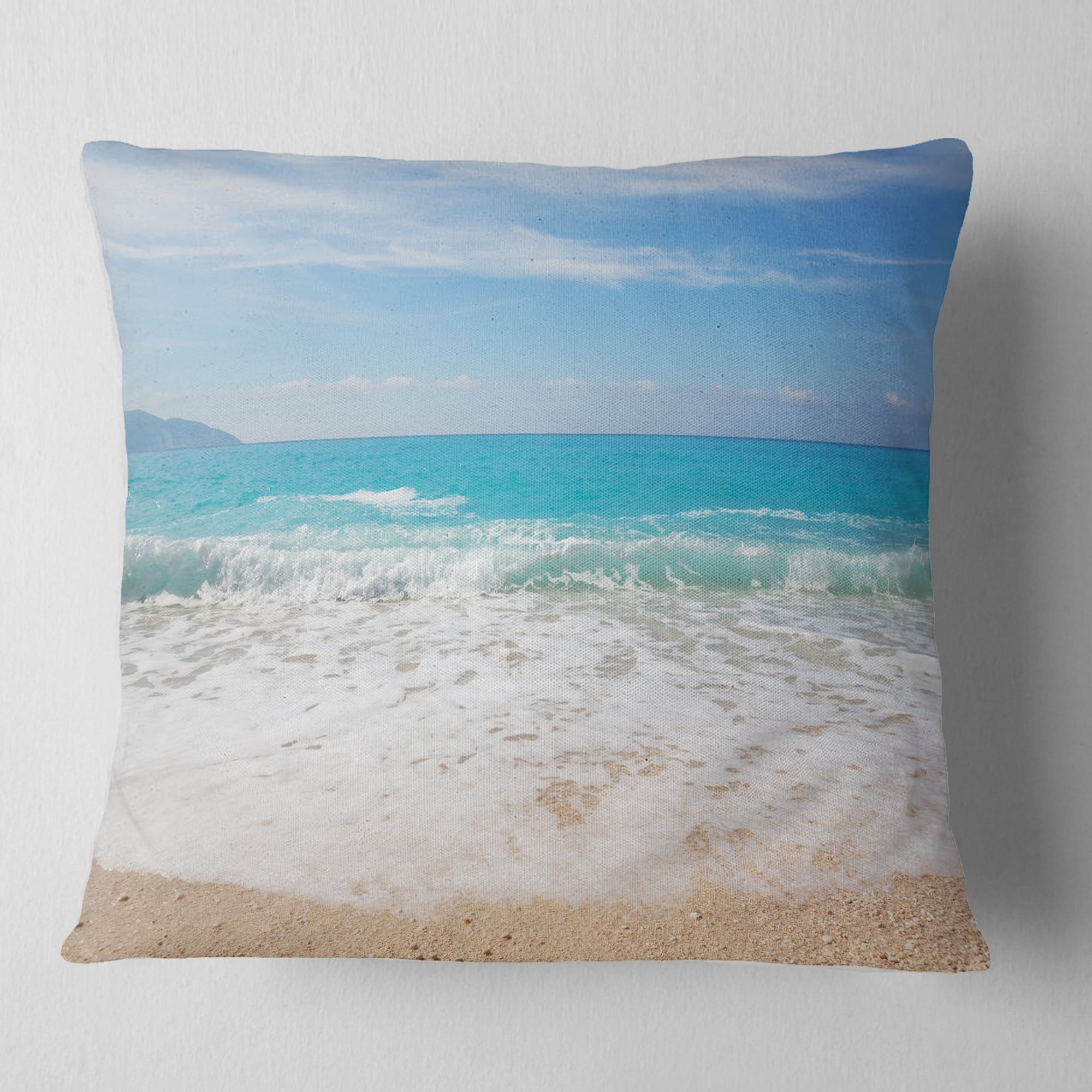 Designart White Waves Kissing Beach Sand - Seashore Throw Pillow - 16x16