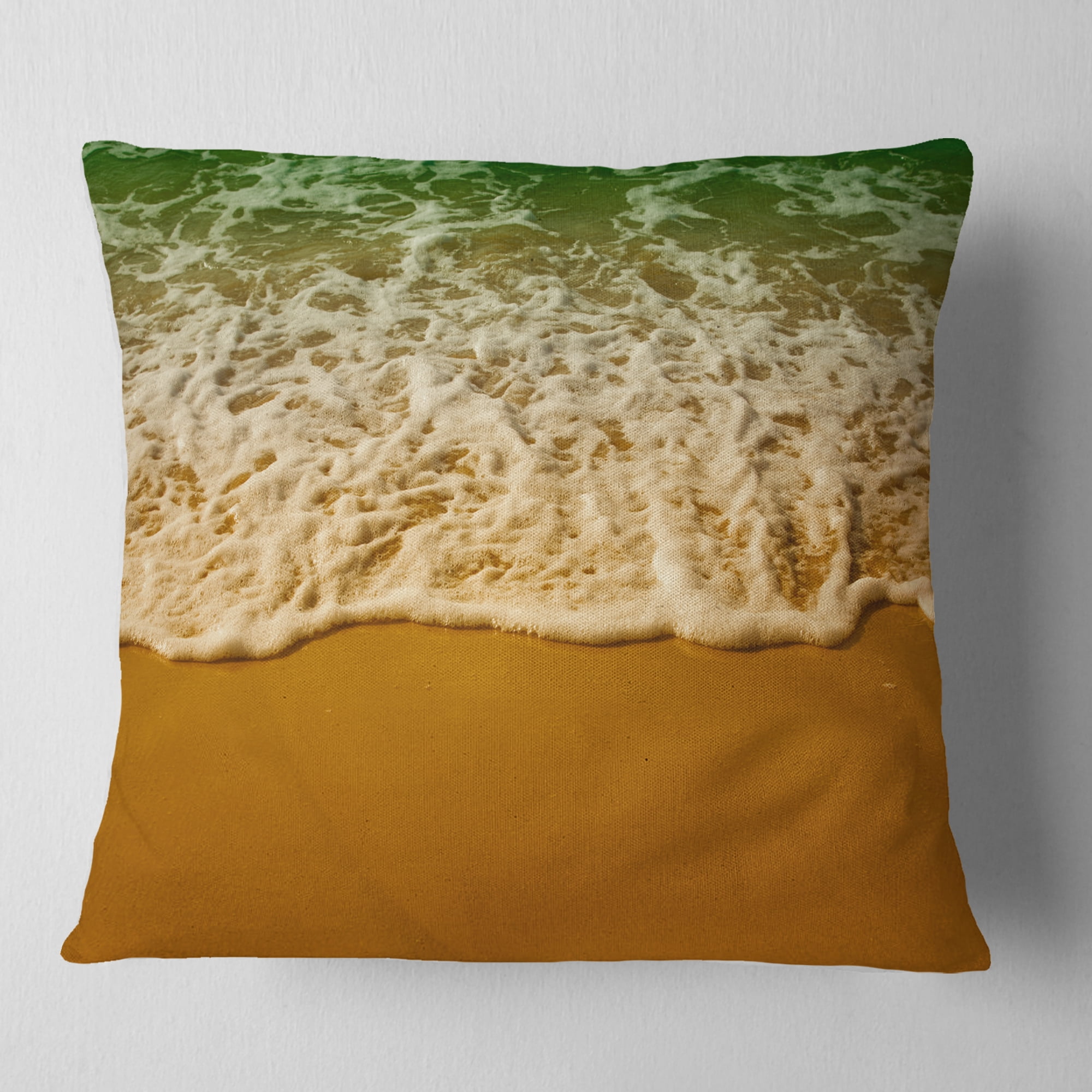 Designart White Waves from Green Beach Waters - Seascape Throw Pillow - 16x16
