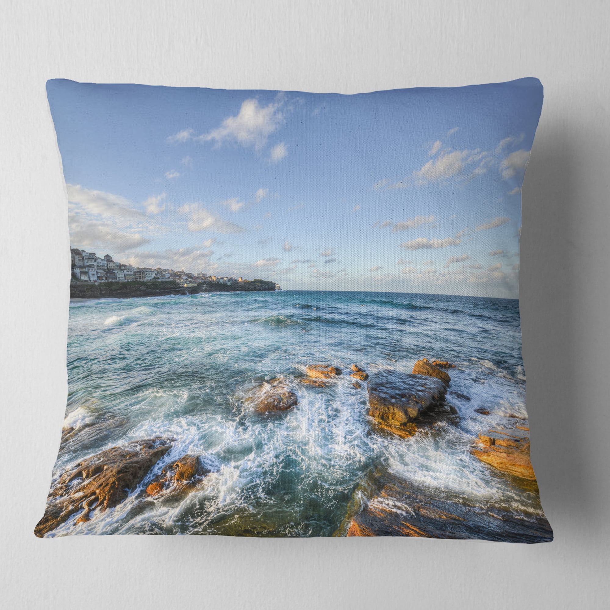 Designart White Waves in Bondi Beach - Beach Photo Throw Pillow - 18x18
