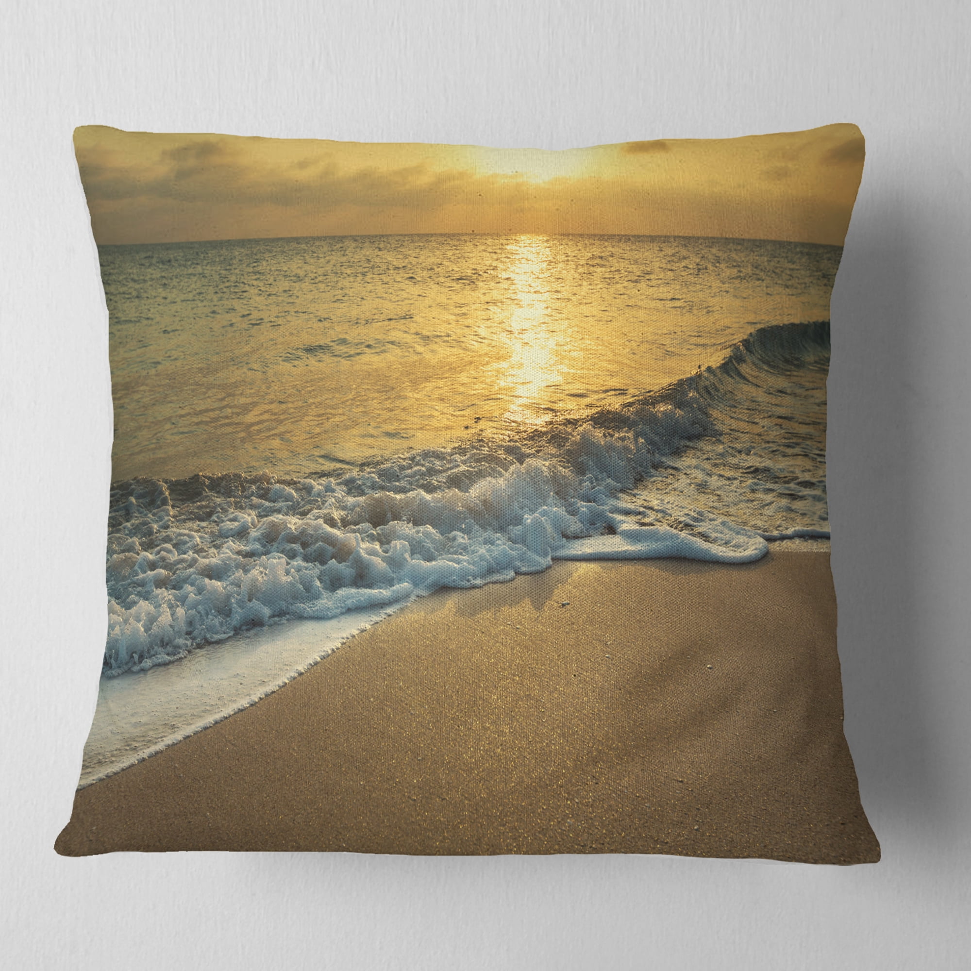 Designart White Waves under Yellow Sunset - Modern Beach Throw Pillow - 16x16