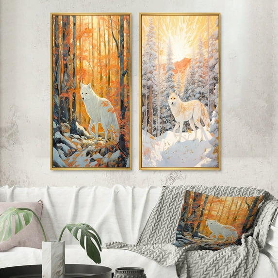 Designart "White Wild Wolf in Winter Forest Majestic Presence I" Animals Wolf Framed Wall Art Set Of 2 - Children's Art White Framed Wall Art Set Of 2