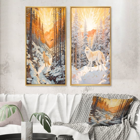 Designart "White Wild Wolf in Winter Forest Majestic Presence III" Animals Wolf Framed Wall Art Set Of 2 - Children's Art White Framed Canvas Set For Living Room Decor