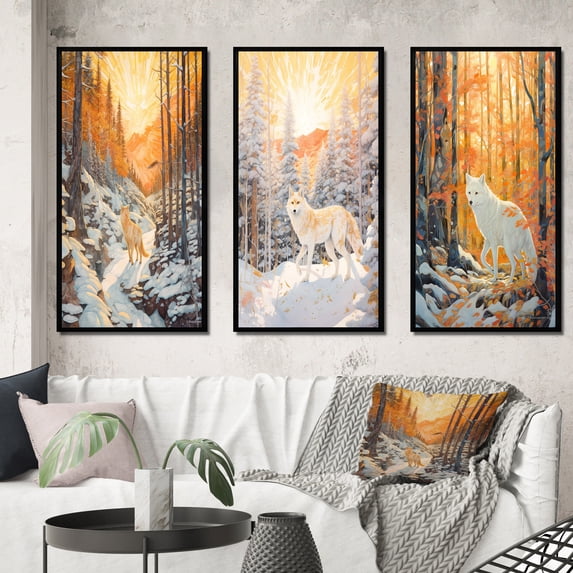Designart "White Wild Wolf in Winter Forest Majestic Presence III" Animals Wolf Framed Wall Art Set Of 3 - White Wolf Frame Gallery Wall Set For Home Decor