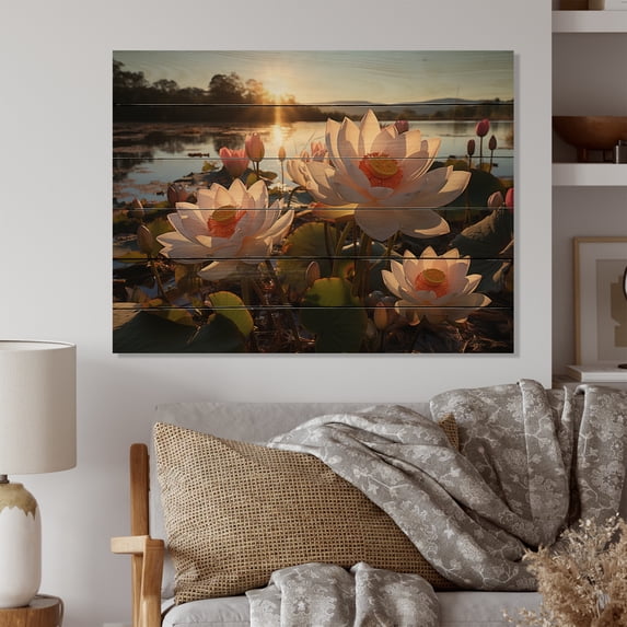 Designart "White Yellow Lotus landscape With Sunset" Floral Print on Natural Pine Wood