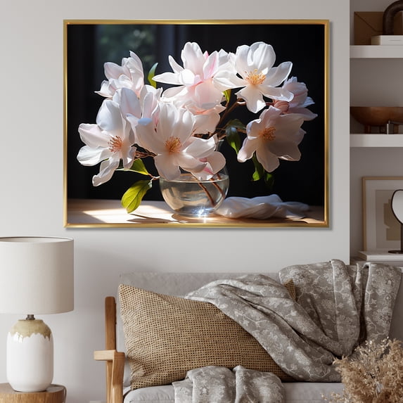 Designart "White Yellow Magnolias landscape II" Floral Floater Framed Canvas Art Print