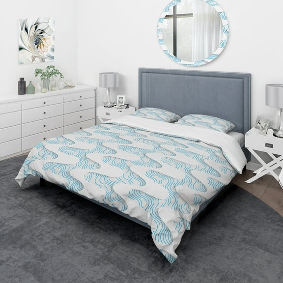 Designart 'White and Blue 3D Waves' Mid-Century Modern Duvet Cover Set