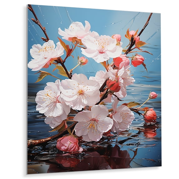 Designart "White and Blue Cherry Blossom Beauty" Floral & Botanical Metal Wall Art Prints