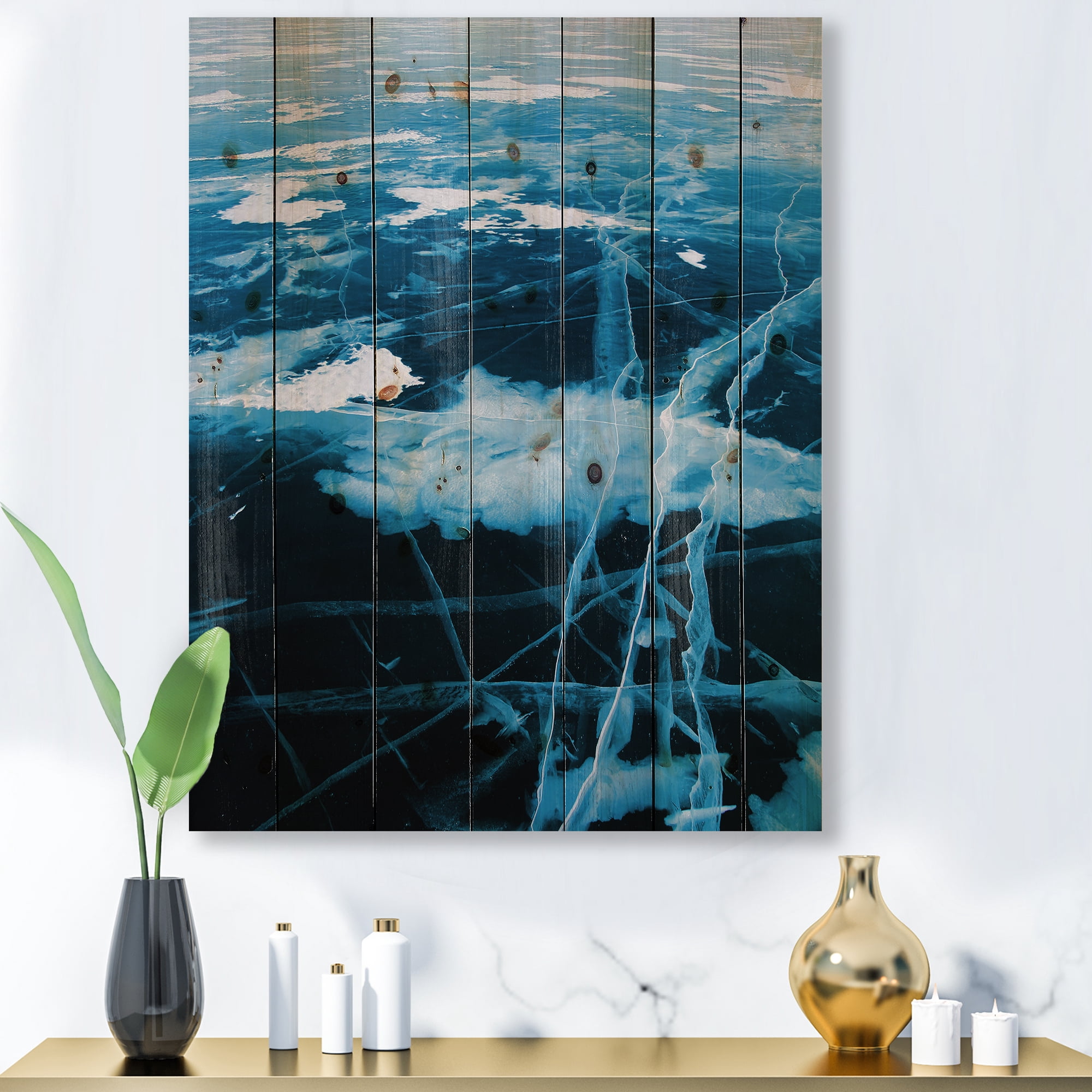 Designart 'White and Blue Ice Structure I' Modern Print on Natural Pine Wood