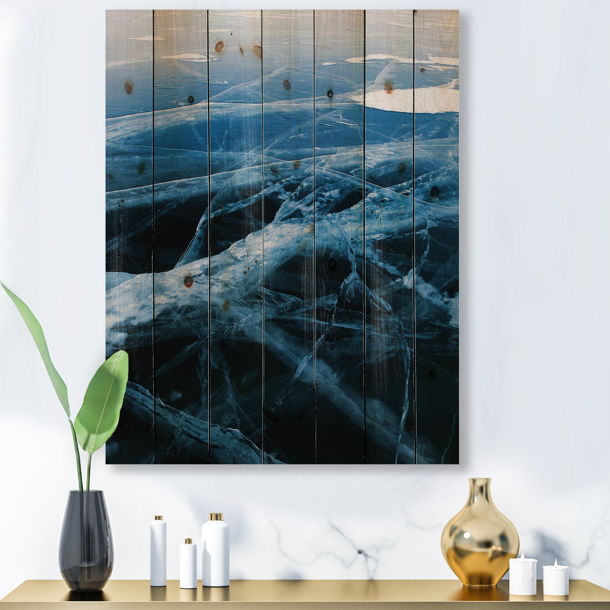 Designart 'White and Blue Ice Structure II' Modern Print on Natural Pine Wood