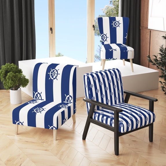 Designart "White and Blue Striped Pattern" Upholstered Patterned Accent Chair and Arm Chair