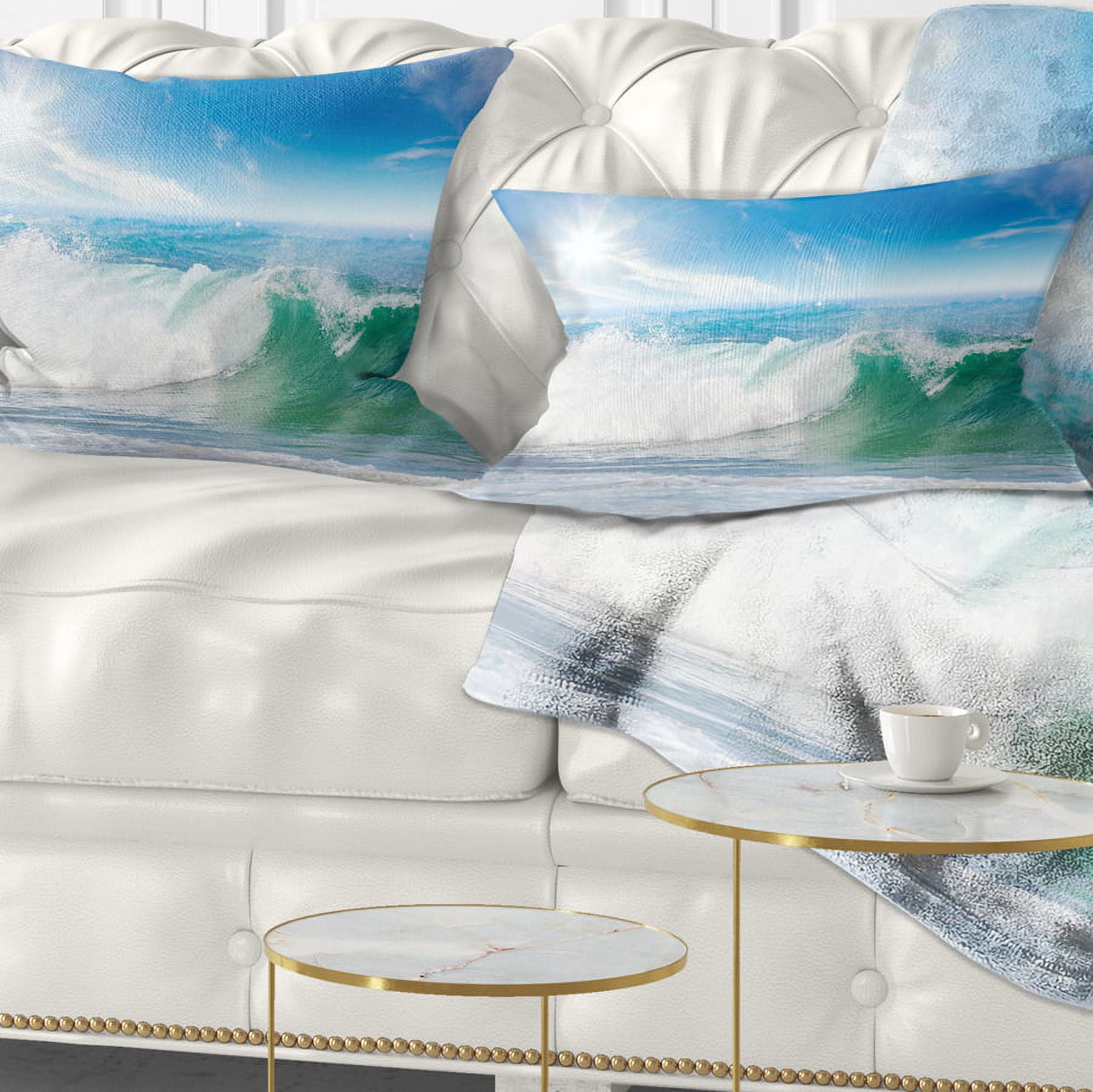Designart White and Blue Waves under Sun - Seascape Throw Pillow - 12x20