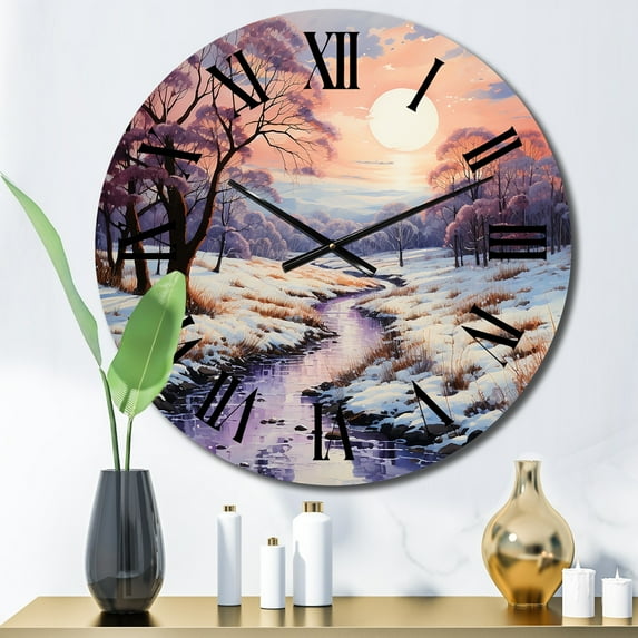 Designart "White and Fuchsia Winter Sunrise II" Landscapes Oversized Wall Clock