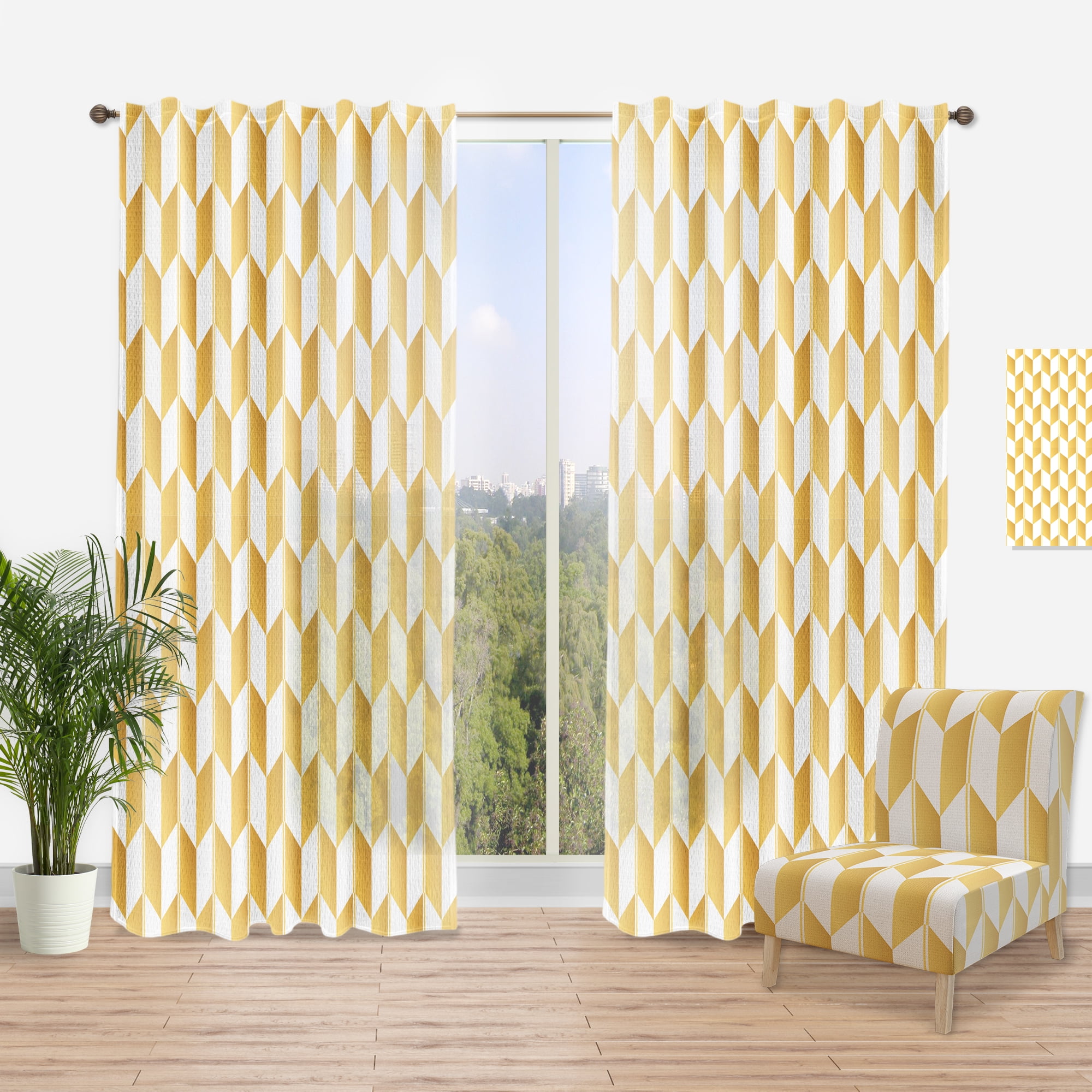 Designart 'White and Gold Geometric Pattern I' Mid-Century Modern Curtain Panel
