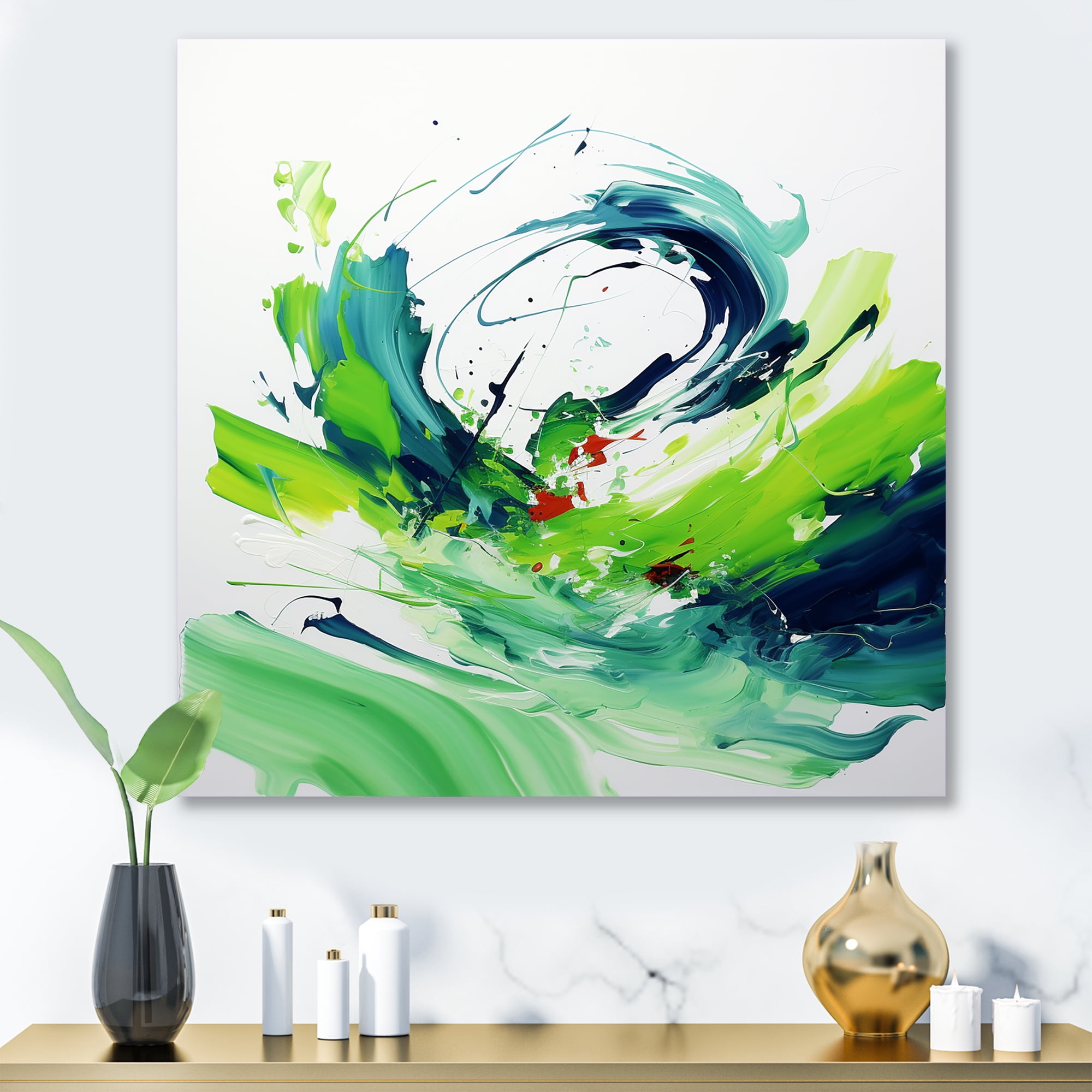 Designart "White and Green Abstract ink expression II In Green and Blue