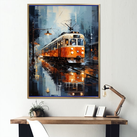 Designart "White and Orange Train Journey" Modern Floater Framed Wall Decor