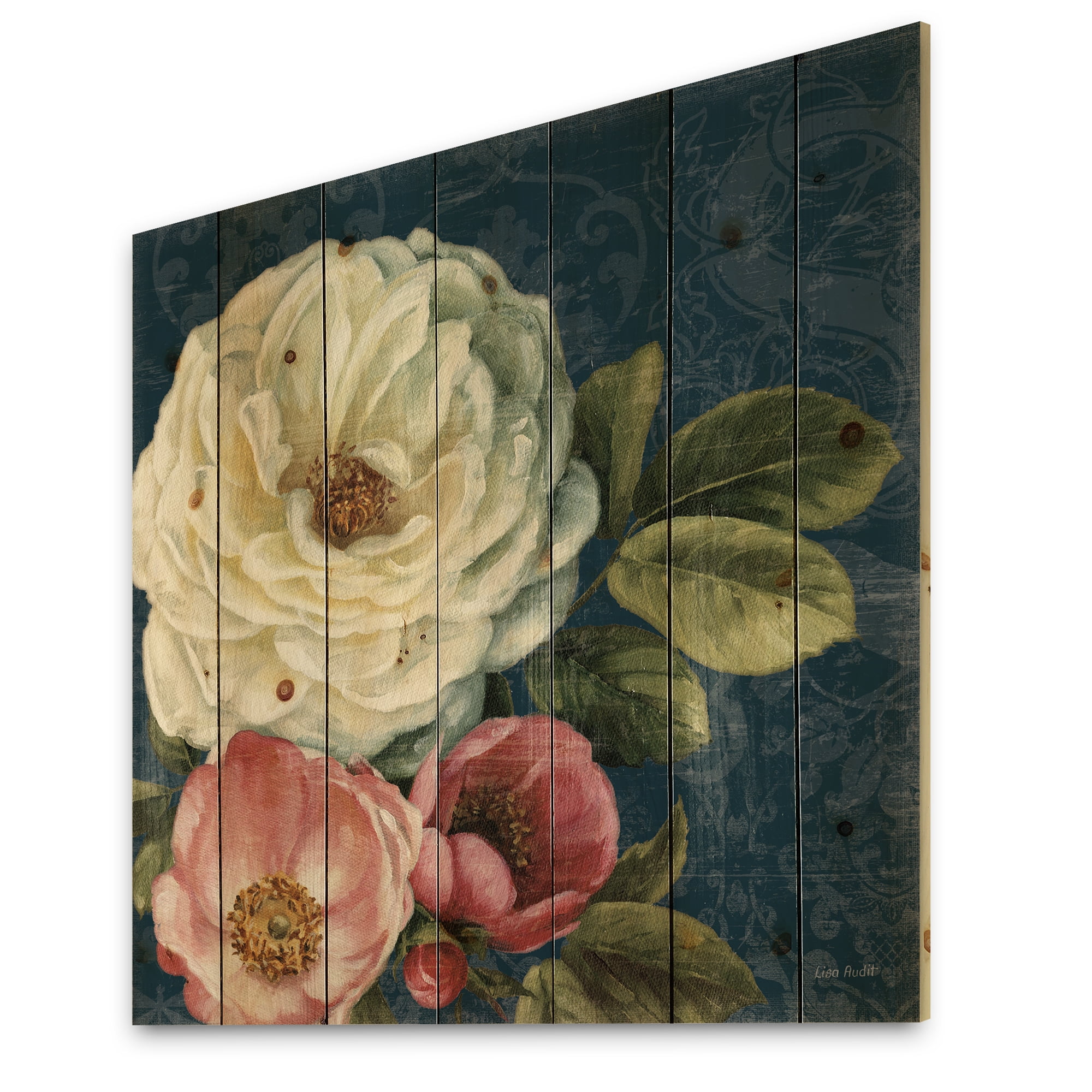 Designart 'White and Pink Damask Rose Flowers' Farmhouse Print on Natural Pine Wood