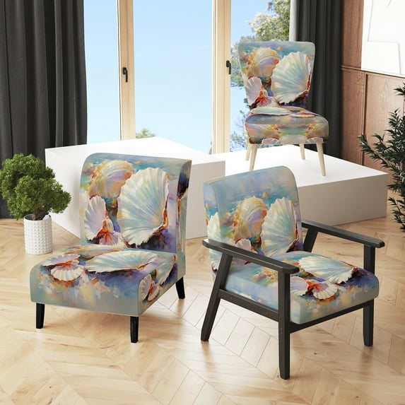 Designart "White expressionist Seashells I" White Animals Upholstered Accent Chair - Modern Arm Chair For Living Room