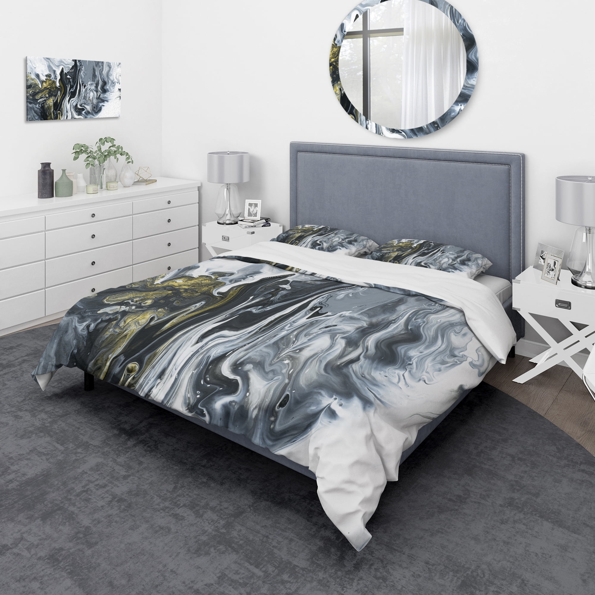 Designart 'White, grey and White Hand Painted Marble Acrylic' Mid-Century Modern Duvet Cover Set