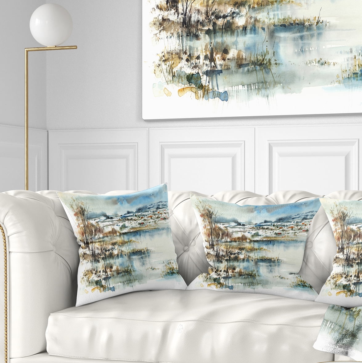 Designart Wide Blue Winter Lake Watercolor - Landscape Painting Throw Pillow - 16x16