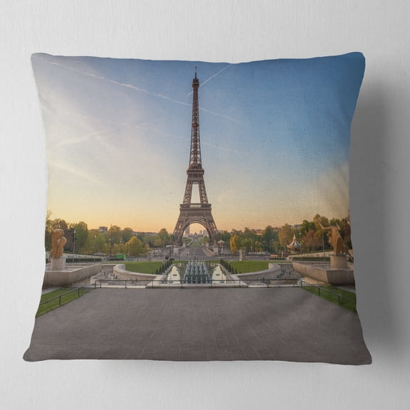 Designart Wide View of Paris Paris Eiffel Towerat Sunrise - Cityscape Throw Pillow - 16x16