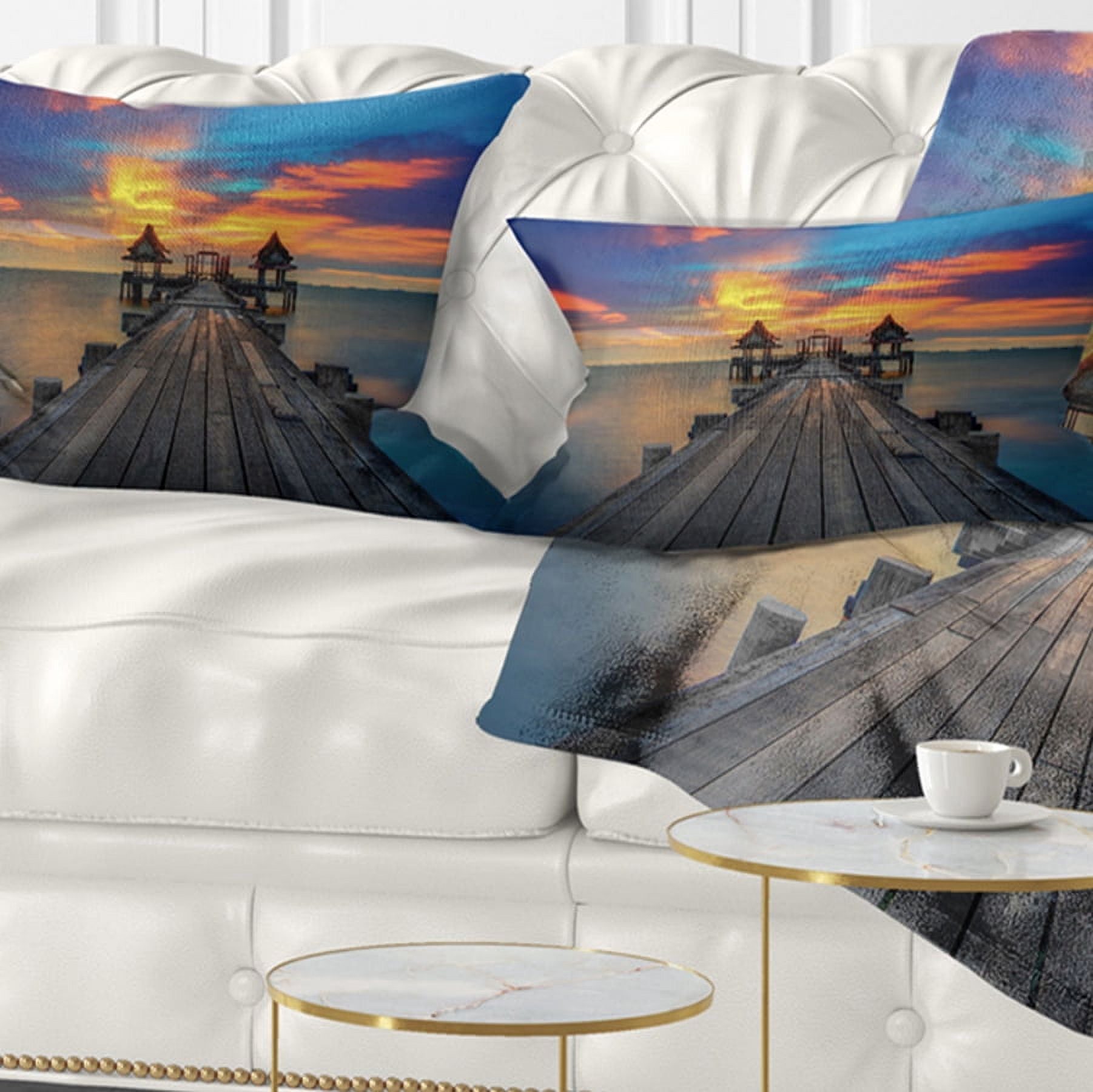 Designart Wide Wooden Bridge into Distant Sun - Pier Seascape Throw Pillow - 12x20