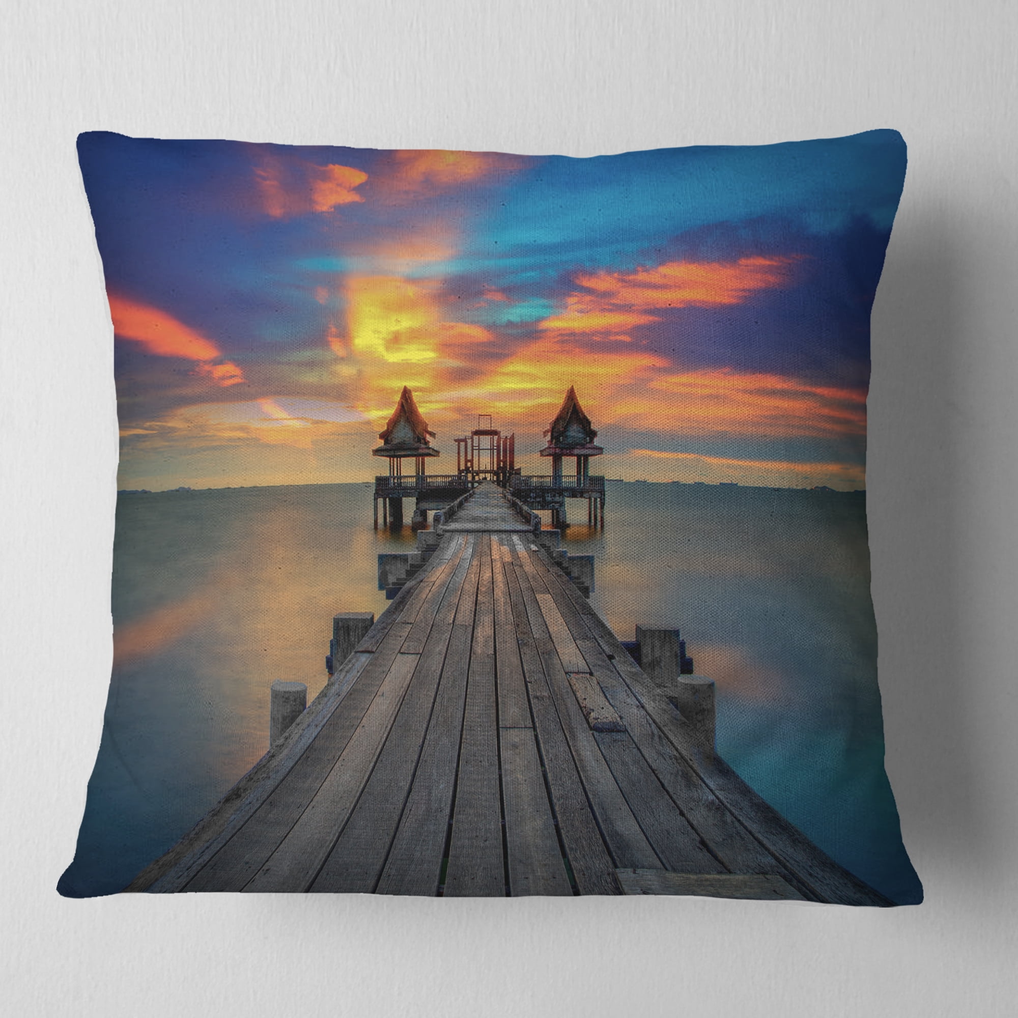 Designart Wide Wooden Bridge into Distant Sun - Pier Seascape Throw Pillow - 16x16