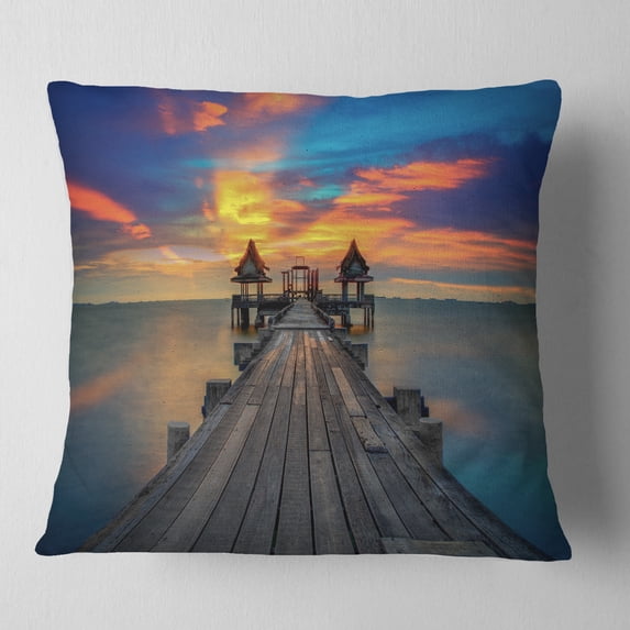 Designart Wide Wooden Bridge into Distant Sun - Pier Seascape Throw Pillow - 16x16