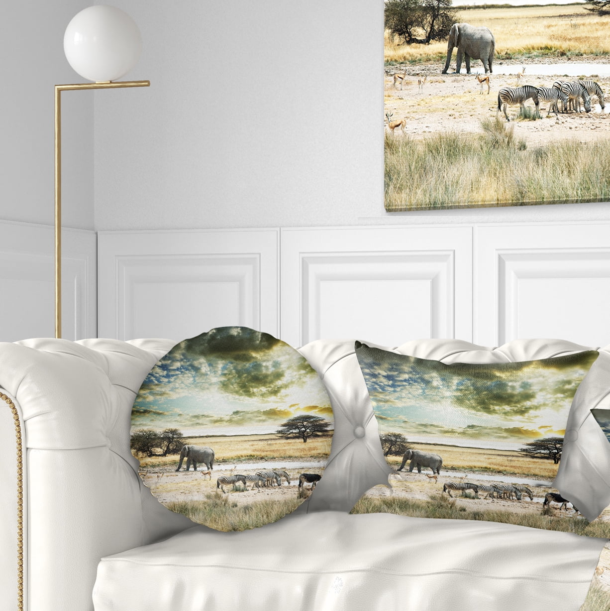 Designart Wild African Zebras and Elephant - African Throw Pillow - 12x20