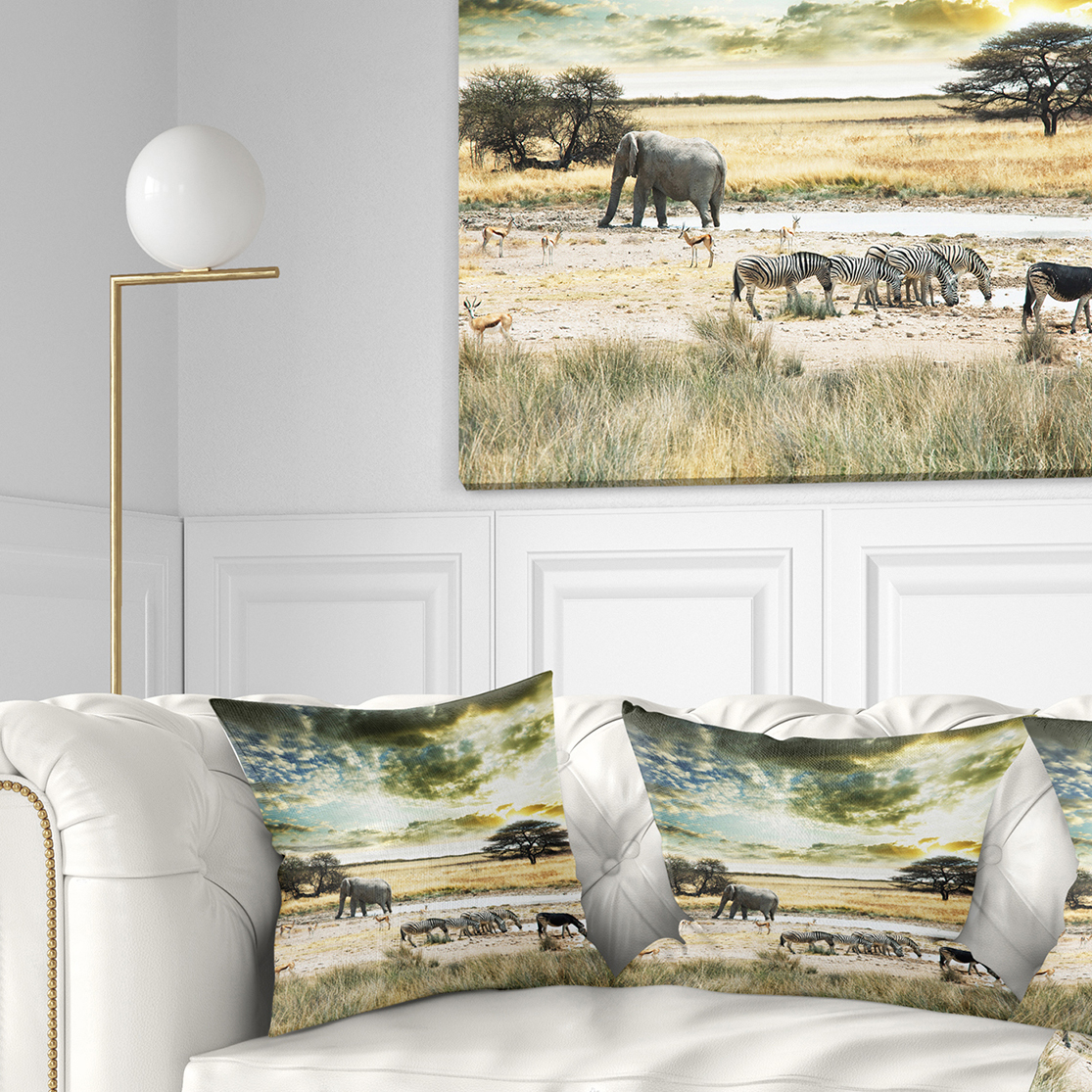 Designart Wild African Zebras and Elephant - African Throw Pillow - 18x18