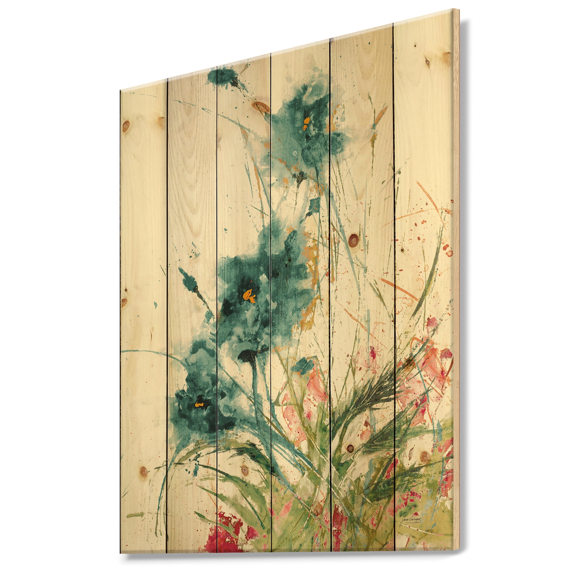 Designart 'Wild Blue Abstract Farmhouse Flowers' Modern Farmhouse Print on Natural Pine Wood