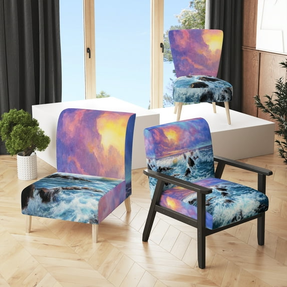 Designart "Wild Blue Ocean Waves XV" Upholstered Nautical & Coastal Accent Chair and Arm Chair