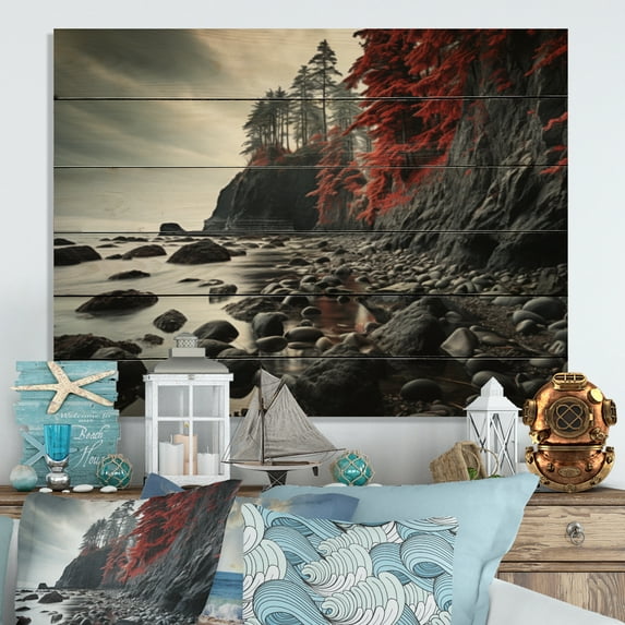 Designart "Wild Coastline II" Landscapes Print on Natural Pine Wood