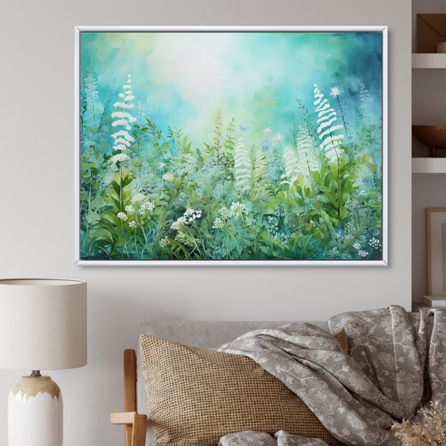 Designart "Wild Ferns Amongst Blooms" Flower Field Floater Framed Wall Art Prints