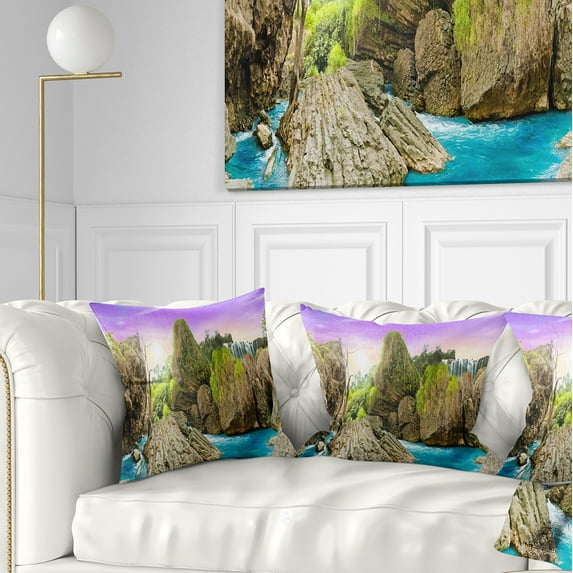 Designart Wild Forest and Waterfall Vietnam - Landscape Printed Throw Pillow - 16x16