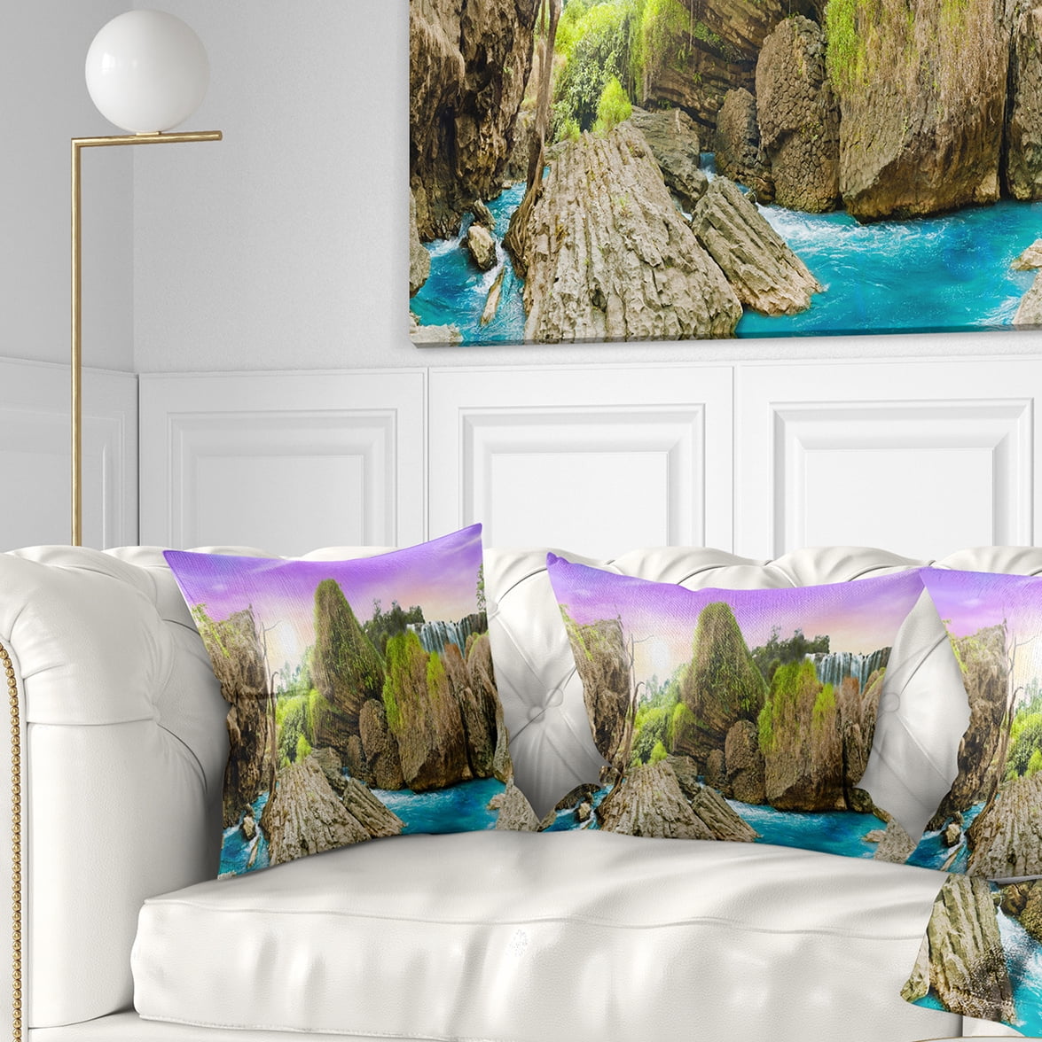 Designart Wild Forest and Waterfall Vietnam - Landscape Printed Throw Pillow - 18x18
