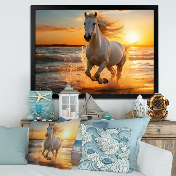 Designart "Wild Horse Freedom's Gallop I" Coastal Framed Wall Art Decor - Coastal White Coastal Beach Entryway Framed Wall Art