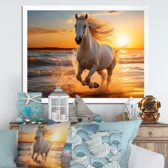 Designart "Wild Horse Freedom's Gallop I" Coastal Framed Wall Art Decor - Coastal White Coastal Beach Entryway Framed Wall Art