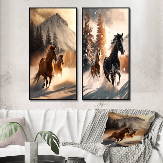 Designart "Wild Horses Galloping in a Winter Scene IV" Animals Horse Framed Wall Art Set Of 2 - Children's Art Brown Gallery Wall Frame Set For Home Decor