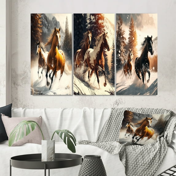 Designart "Wild Horses Galloping in Winter Scene II" Animals Horse Wall Art Set Of 3 - Horse Brown Gallery Wall Set For Home Decor