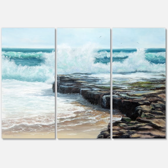 Designart ' Wild Ocean Waves Breaking On The Shore ' Nautical & Coastal Canvas Wall Art Print