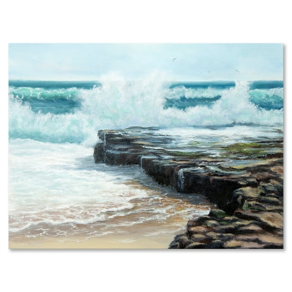 Designart ' Wild Ocean Waves Breaking On The Shore ' Nautical & Coastal Canvas Wall Art Print