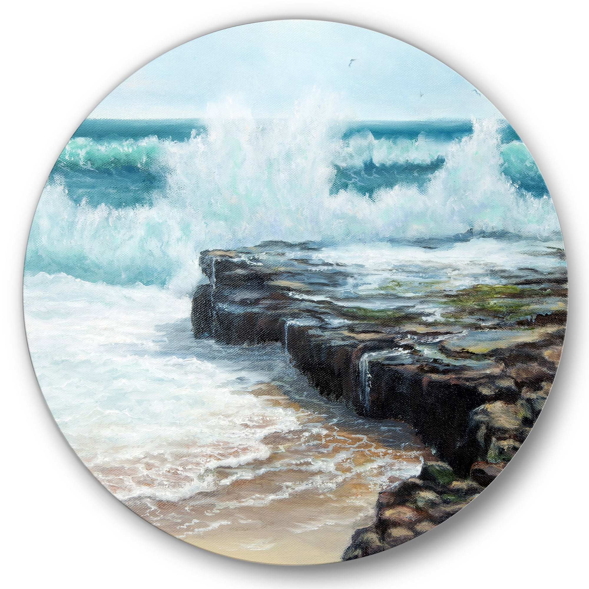 Designart 'Wild Ocean Waves Breaking On The Shore' Nautical & Coastal Circle Metal Wall Art 29x29 - Disc of 29