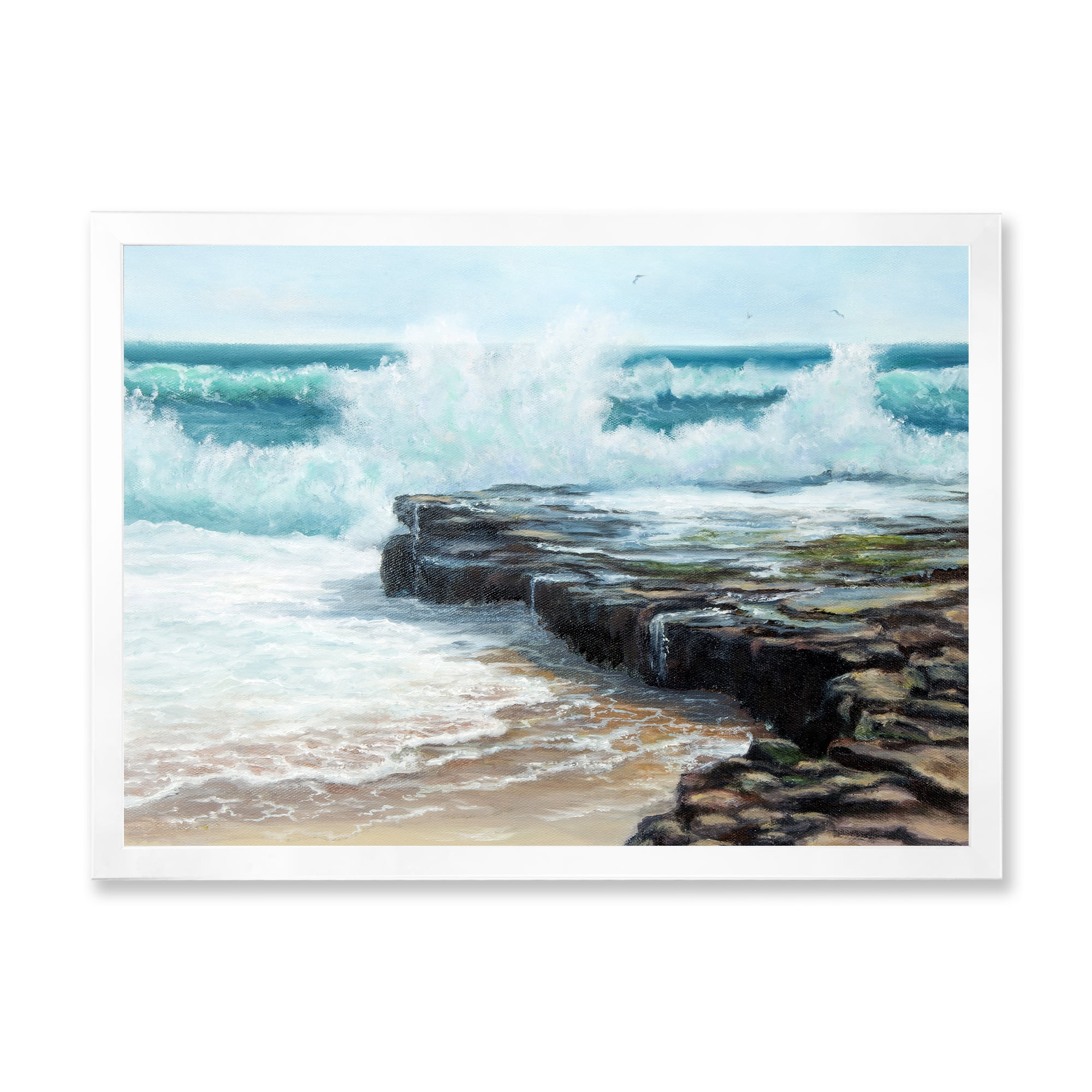 Designart 'Wild Ocean Waves Breaking On The Shore' Nautical & Coastal Framed Art Print