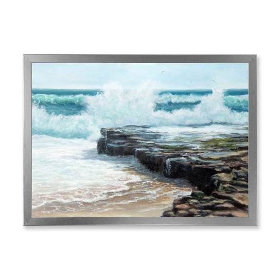 Designart 'Wild Ocean Waves Breaking On The Shore' Nautical & Coastal Framed Art Print