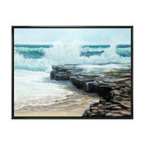 Designart 'Wild Ocean Waves Breaking On The Shore' Nautical & Coastal Framed Canvas Wall Art Print