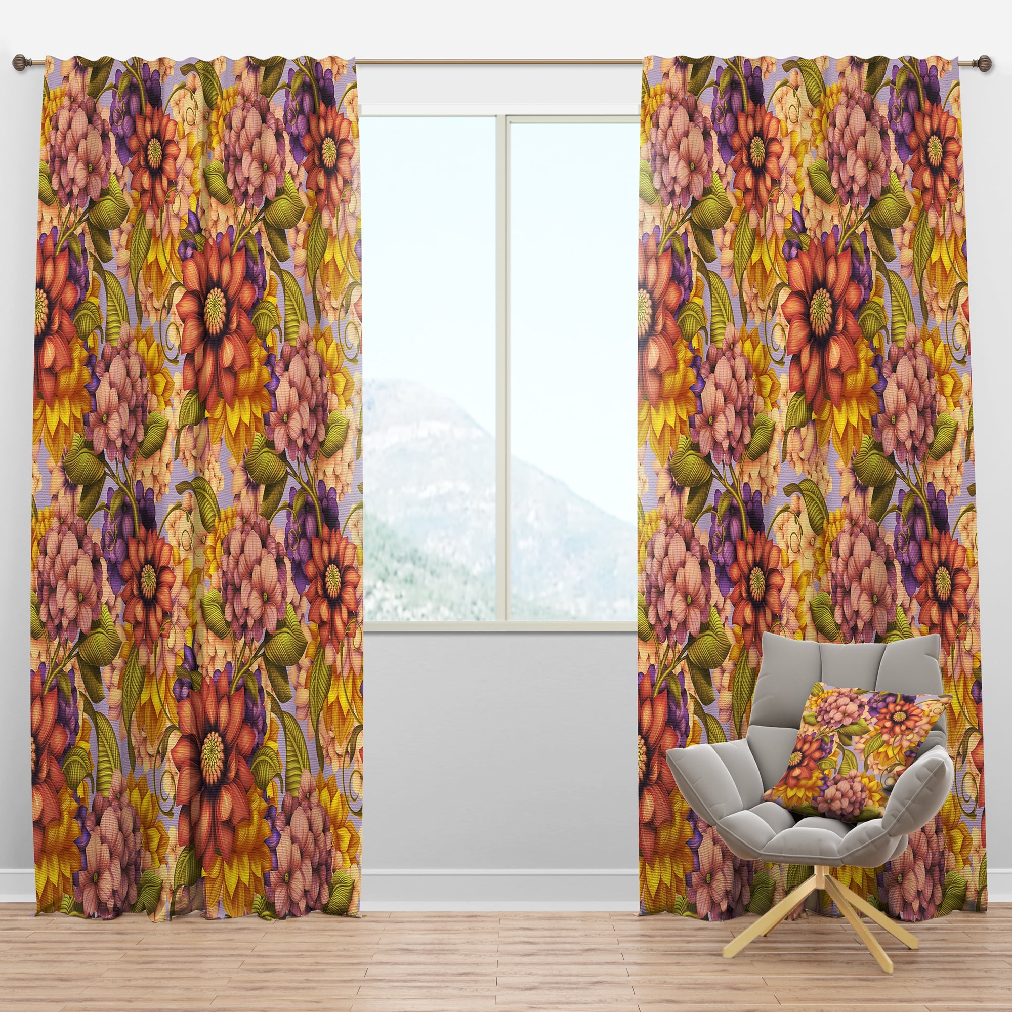 Designart 'Wild Pink Red and Purple Vintage Flowers' Traditional Blackout Curtain Panel