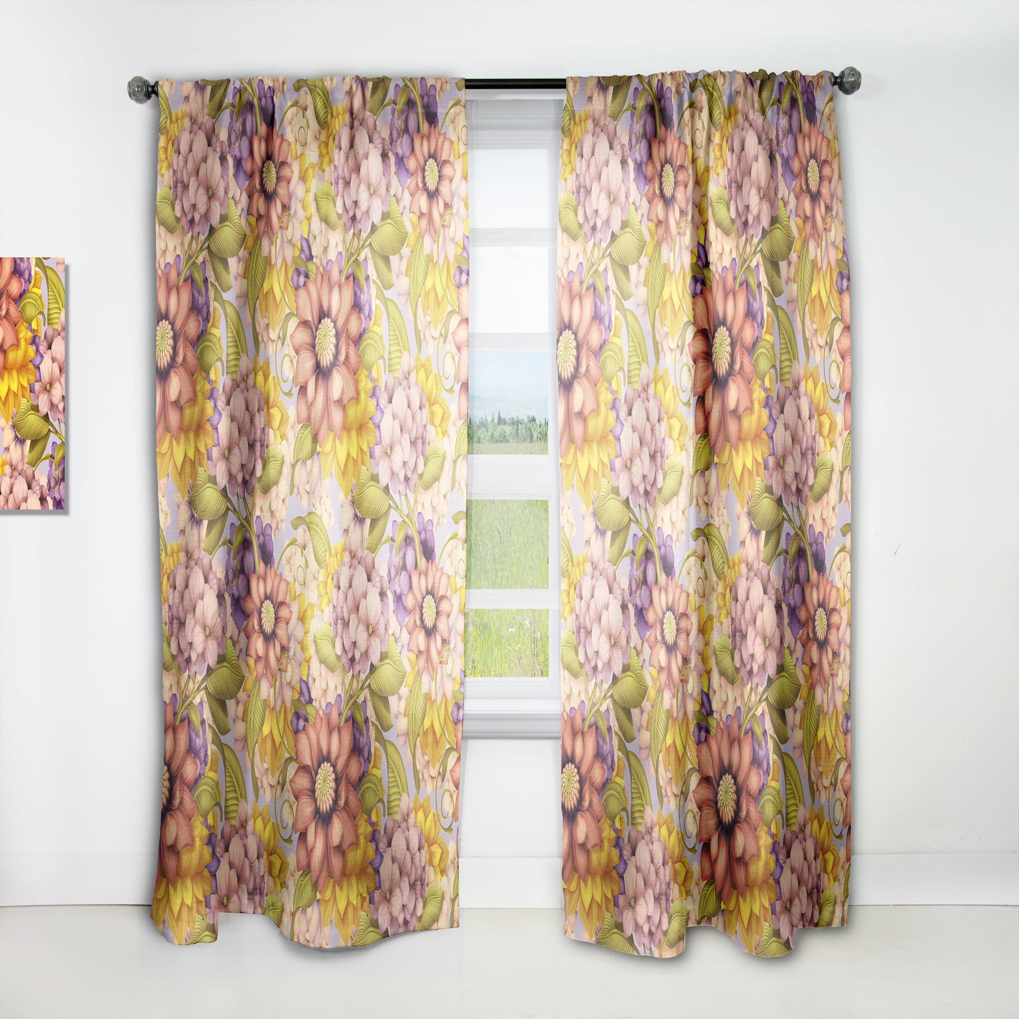 Designart 'Wild Pink Red and Purple Vintage Flowers' Traditional Curtain Panel